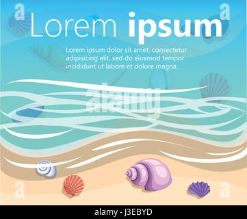 Summer background with tropical beach. Stones frame of sea shells waves foam Summer vacation, seashore resort, travel background. Vector illustration. Stock Vector