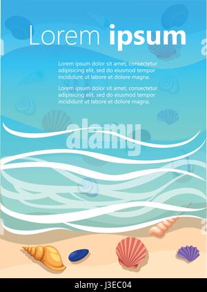 Summer background with tropical beach. Stones frame of sea shells waves foam Summer vacation, seashore resort, travel background. Vector illustration. Stock Vector
