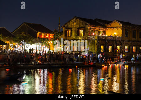 Hoi An, Vietnam - march 11 2017: city lit only by lanterns (classic lamps are switched off during this holiday), Full Moon festival night Stock Photo