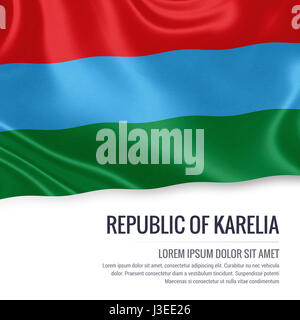 Russian state Republic of Karelia flag waving on an isolated white background. State name and the text area for your message. 3D illustration. Stock Photo