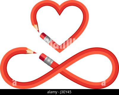 red pencil heart and infinite sign, infinite symbol, set of vector graphic design elements Stock Vector