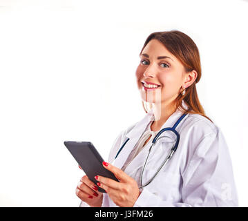 Cheerful female doctor with gadget Stock Photo