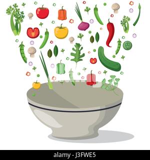 vegetables falling bowl mix food image Stock Vector