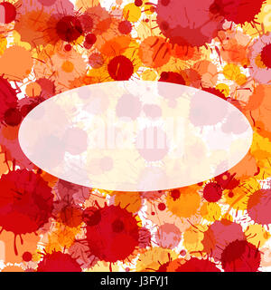 Bright red and orange artistic watercolor paint drops background. Greeting card or invitation template with semi-transparent ellipse frame for text Stock Photo