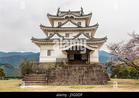 Japan, Ehime, Uwajima castle, AKA Tsurushima-jo. Main keep, tenshu, Sotogata style. Cherry blossom trees, overcast weather. Daytime. Stock Photo