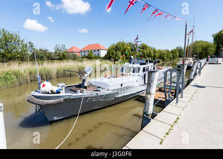 Salute to the 40s re-enactment event. Restored US navy gunboat, P22, moored at the quay side at Sandwich in Kent. Stock Photo