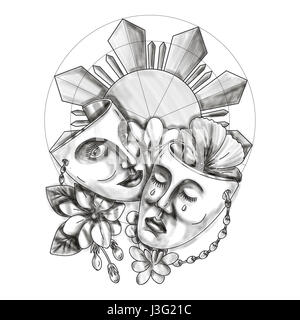Tattoo style illustration showing a drama theater mask with hibiscus or rose mallow and arabian jasmine, Jasminum sambac or sampaguita and Philippine  Stock Photo