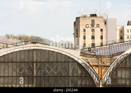 London, England - April 30, 2016: The Great Western Railway sign stands above Brunel's trainshed at London Paddington railway station. Stock Photo