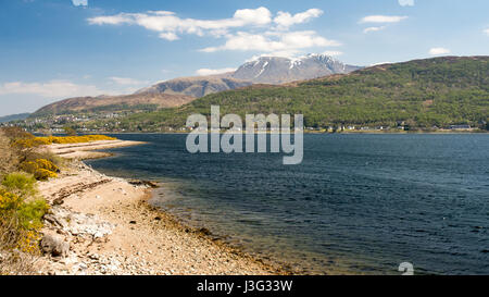Ben Nevis mountain and the town of Fort William stand on the shores of Loch Linnhe, a sea inlet in the West Highlands of Scotland. Stock Photo
