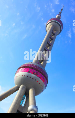 Shanghai, China - April 10, 2014: The Oriental Pearl Radio and TV Tower (468 m). Construction was completed in 1994 Stock Photo