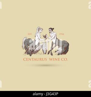 two Centaurus sharing wine illustration, hand drawn or engraved old ...