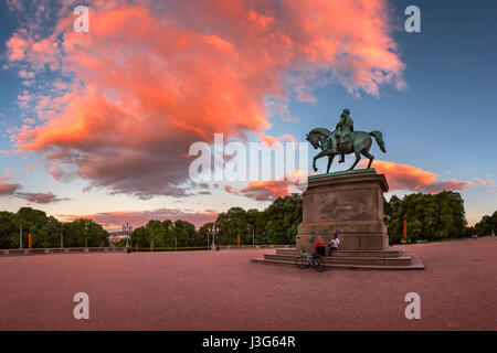 OSLO, NORWAY - June 11, 2014: The Royal Palace Square in Oslo. The palace is the official residence of the present Norwegian monarch and it has 173 ro Stock Photo