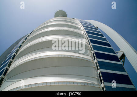 Looking up to the helicopter pad at the top of the Burj Al Arab Hotel in Dubai. Stock Photo