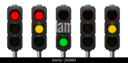 Traffic lights with overview of the common signal sequences - realistic three-dimensional illustration on white background. Stock Photo