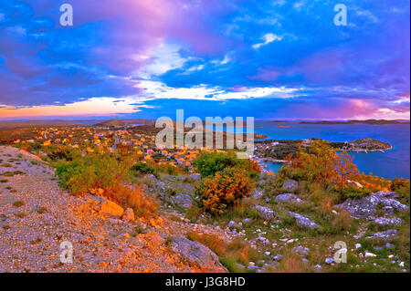 Amazing colorful sunset panorama of Pakostane archipelago, Dalmatia, Croatia Stock Photo