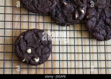 Homemade baked chocolate cookies with white chocolate chips. Cookies are sitting on a baking rack. Stock Photo