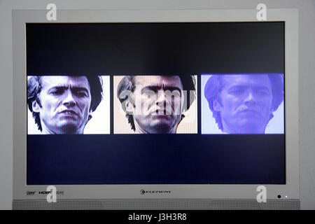 Florida,television,set,TV,wide screen,flat panel,screen,cable,channel,HDTV,digital,monitor,screen,special,trailer,actor,Clint Eastwood,adult adults ma Stock Photo
