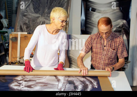 Miami Beach Florida,ArtCenter SouthFlorida,art gallery,collection,artist,blonde,senior seniors citizen citizens,woman female women,man men male,roll p Stock Photo