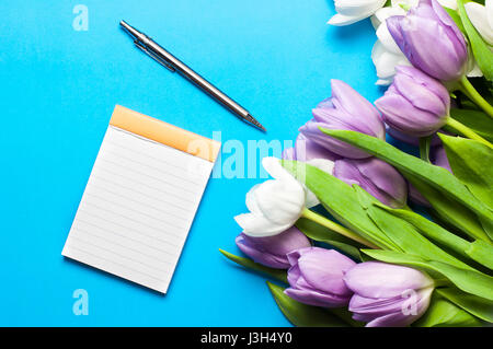 Bouquet of beautiful white and purple tulips lie on  blue color background, next to an empty note book and pencil Stock Photo