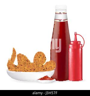 set of fried chicken with sauce bottle vector Stock Vector