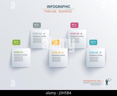 Business infographics template 5 steps with square. Can be used for workflow layout, diagram, number options,  web design, presentations Stock Vector