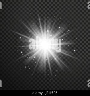White glowing light burst explosion with transparent. Vector illustration for effect decoration with ray sparkles. Stock Vector
