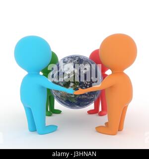 small people holding hands around earth planet on isolated white background in 3D rendering Stock Photo