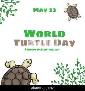 World Turtle Day, May 23. Tortoise, land-dwelling reptile with green tree branches. Vector hand drawn illustration, isolated on white Stock Vector