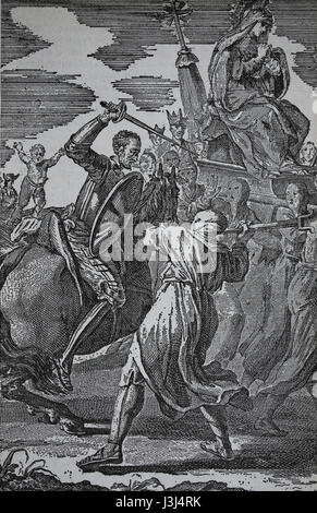 Don Quixote by Miguel de Cervantes. 17th century. Engraving.  Don Quixote wounded by the penitents. Stock Photo