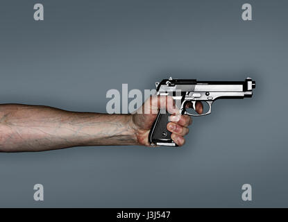 Hand holding pistol, tightly gripping the gun with veins bulging in arm. Stock Photo