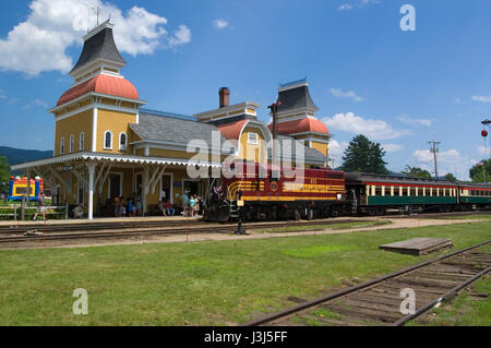 The train station in North Conway, New Hampshire, USA with the scenic train pulling in. Stock Photo