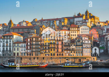 Ribeira Porto Portugal, view in summer of the historic old town Ribeira district in the centre of Porto at sunrise, Portugal.