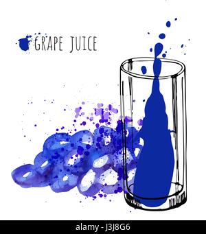 Grape juice in glass and grapevine vector illustration. Watercolor sketch about grape drink and fresh juice. Hand draw glass and health grapes drink. Stock Vector