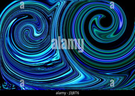 Abstract deep blue swirls over black colored background. Distorted photo image. Mixed paint colors. Stock Photo