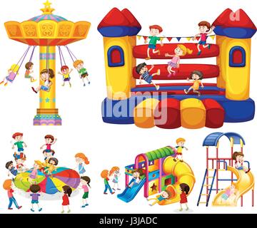 Children playing on different rides illustration Stock Vector