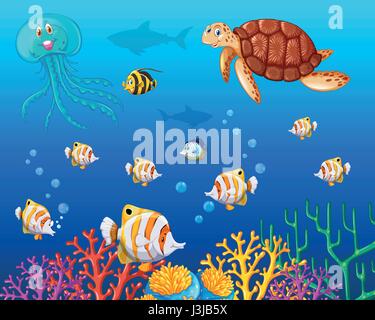 Many types of sea animals under the ocean illustration Stock Vector