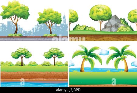 Four seamless background design with green trees illustration Stock Vector