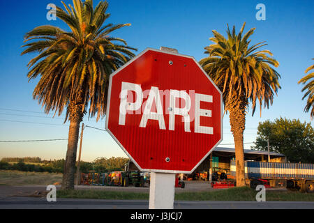 Pare, Stop sign in Spanish, Colonia del Sacramento Uruguay Stock Photo