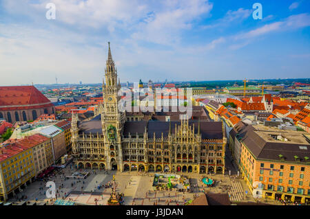 Munich, Germany - July 30, 2015: Spectacular image showing beautiful city hall building, taken from high up overlooking Munich. Stock Photo