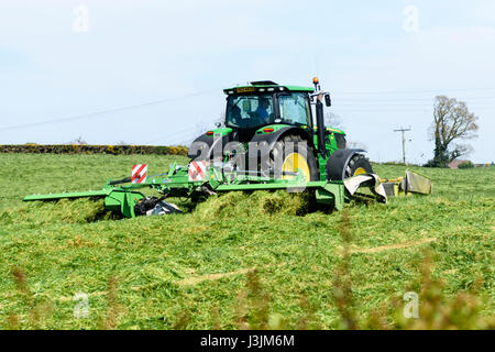 Farmer in a John Deere 6190 with front and rear disc grass cutters cuts the first crop of silage. Stock Photo
