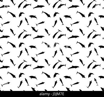 Seamless pattern of black dolphins in different variants jump, fly, swim, dive . Vector Illustration. EPS10 Stock Vector