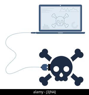 Skull symbol connected to a laptop through a usb cable. Outline of the skull and graphs being shown on the computer monitor. Flat design. Isolated. Stock Vector