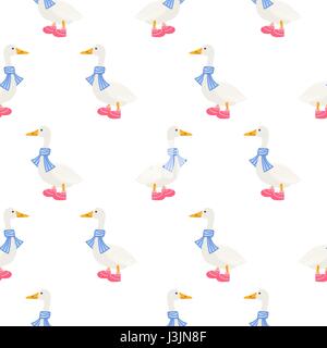 Ducks in scarf winter seamless vector pattern. Farm birds white simple country background texture. Stock Vector