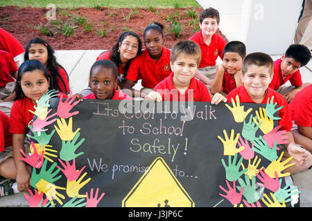 Miami Florida,Spanish Lake Elementary School,International Walk to School Day,student students pupil safety poster contest,parade,multicultural,Black Stock Photo