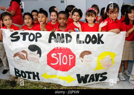 Miami Florida,Spanish Lake Elementary School,International Walk to School Day,student students pupil safety poster contest,parade,multicultural,Black Stock Photo