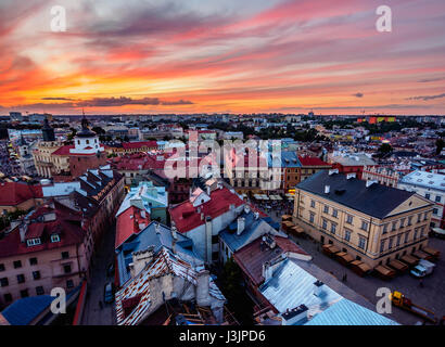 Poland, Lublin Voivodeship, City of Lublin, Old Town, Elevated view of the Market Square at sunset Stock Photo