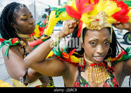 Miami Florida,NE Second 2nd Avenue,Miami Caribbean Carnival,colorful,costume,festival,festivals,parade,Black woman female women,dancers,feather hat,pe Stock Photo
