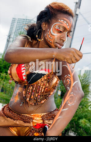 Miami Florida,NE Second 2nd Avenue,Miami Caribbean Carnival,costume,festival,festivals,parade,Black woman female women,folklore,culture,heritage,perfo Stock Photo