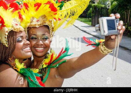 Miami Florida,NE Second 2nd Avenue,Miami Caribbean Carnival,colorful costume,festival,festivals,parade,Black woman female women,headdress,feathers,fol Stock Photo