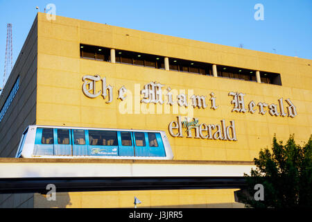 Miami Florida,Miami Herald Plaza,daily newspaper,building,headquarters,el Nuevo Herald,Spanish language,bilingual,Metromover,rail,FL081019059 Stock Photo